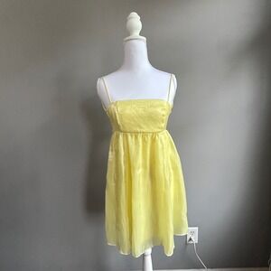 Lucy In The Sky Yellow Shimmer Bow Back Babydoll Mini Dress XS Square Neck